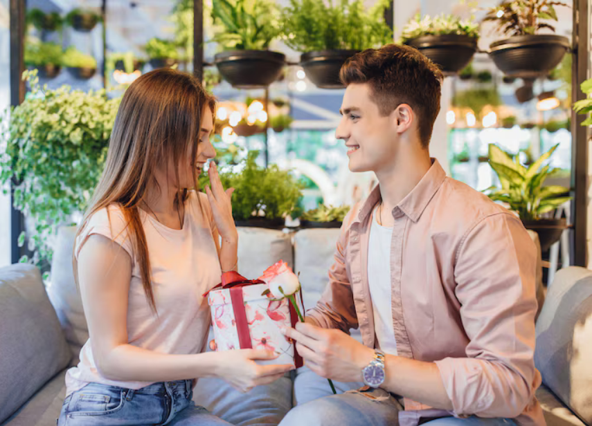 A couple exchanging thoughtfully chosen gifts