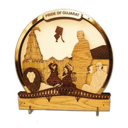 Multilayer MDF showpiece with Pride of Gujarat theme, featuring cultural symbols and landmarks in a wooden frame.